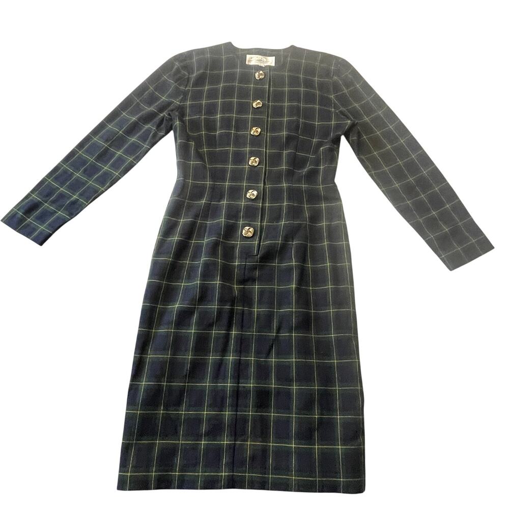 Vintage 90s Santa Fe Jim Tremblay Career Plaid Dress Sheath Blue Green 4